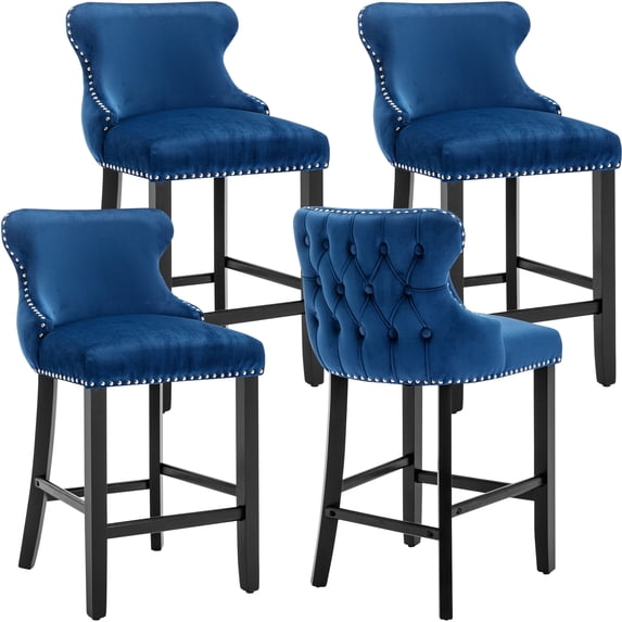 Bar Stool Set of 4, Legahome 26" Counter Height Bar Stools with Back, Velvet Upholstered Bar Stool with Button Tufted & Wooden Legs, Kitchen Island Counter Stools Set of 4, Blue
