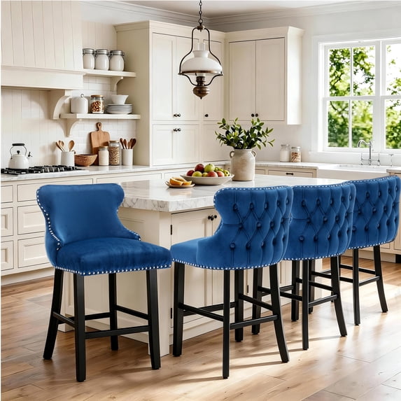 Bar Stool Set of 4, 26" Counter Height Bar Stools with Back, LEGAHOME Velvet Upholstered Blue Bar Stool with Button Tufted & Wooden Legs, Bar Stools Chair for 35-39" Kitchen Island Counter