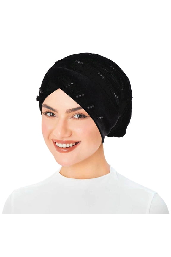 Velvet Beaded Hijab Cap Headband Scarf Turban Wrap Solid Color Forehead Covering Accessory