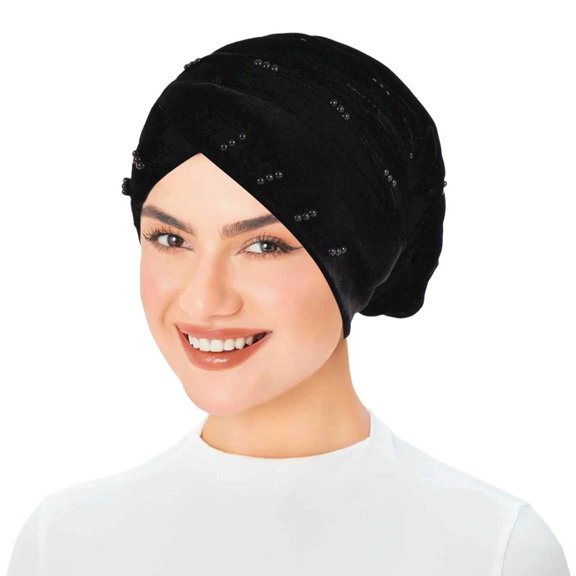 Velvet Beaded Hijab Cap Headband Scarf Turban Wrap Solid Color Forehead Covering Accessory