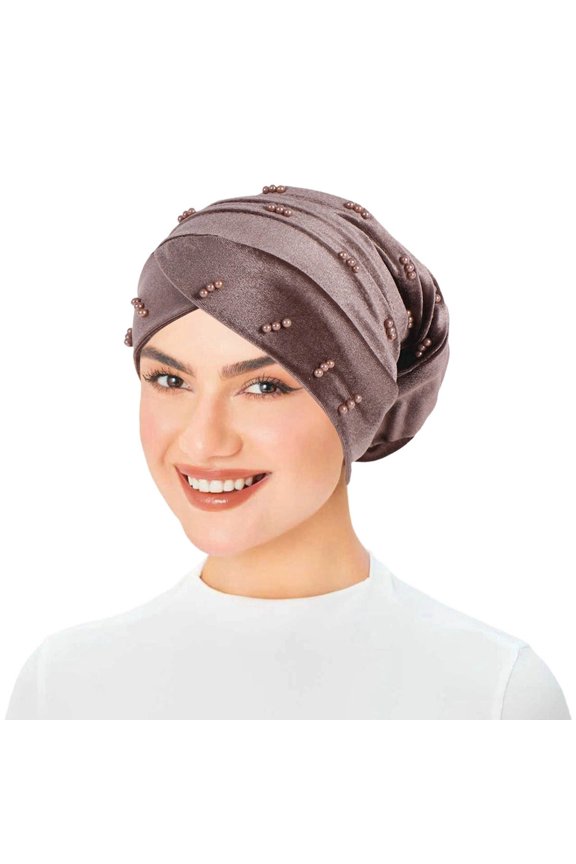 Velvet Beaded Hijab Cap Headband Scarf Turban Wrap Solid Color Forehead Covering Accessory