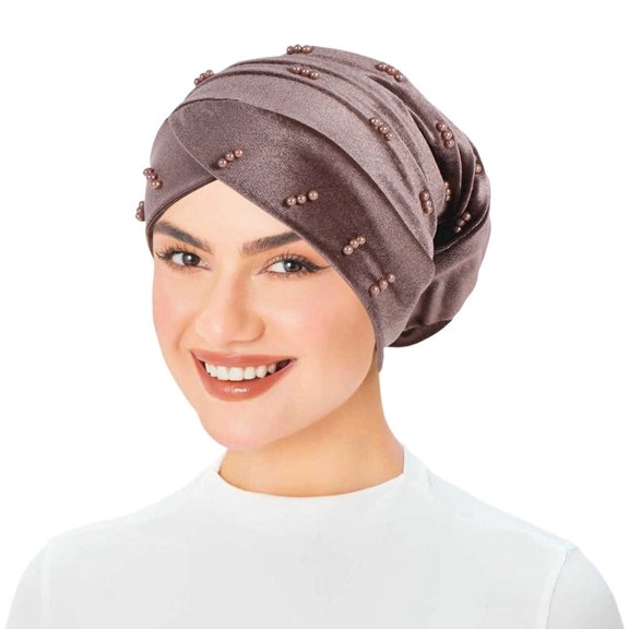 Velvet Beaded Hijab Cap Headband Scarf Turban Wrap Solid Color Forehead Covering Accessory