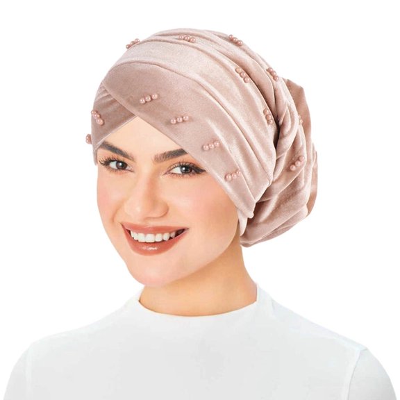 Velvet Beaded Hijab Cap Headband Scarf Turban Wrap Solid Color Forehead Covering Accessory