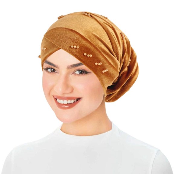 Velvet Beaded Hijab Cap Headband Scarf Turban Wrap Solid Color Forehead Covering Accessory