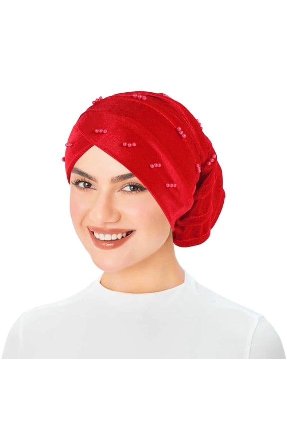 Velvet Beaded Hijab Cap Headband Scarf Turban Wrap Solid Color Forehead Covering Accessory
