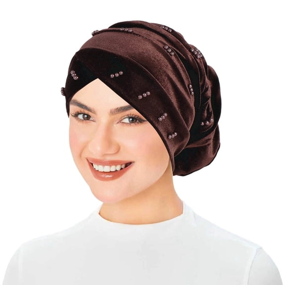 Velvet Beaded Hijab Cap Headband Scarf Turban Wrap Solid Color Forehead Covering Accessory
