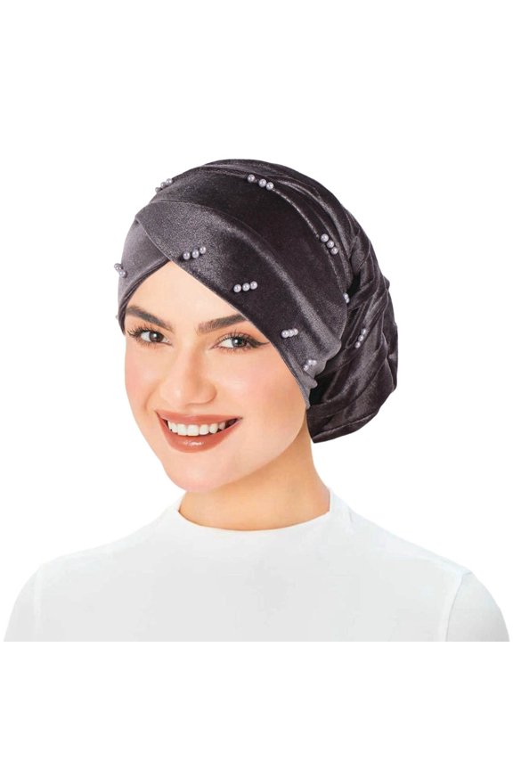 Velvet Beaded Hijab Cap Headband Scarf Turban Wrap Solid Color Forehead Covering Accessory