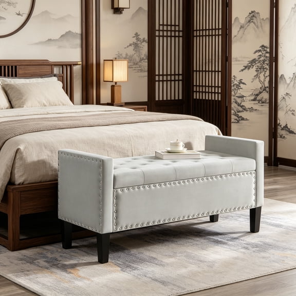 Velvet Bed Storage Bench for Bedroom, Armed Ottoman Bench for Living Room, Modern Mid Century Storage Bench with Arms, Button Tufted Window Seat Entryway Bench with Nailhead Trims, Grey