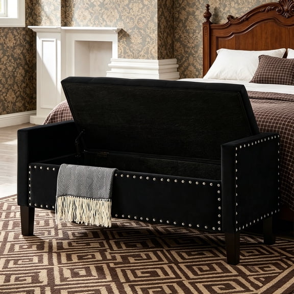 Velvet Bed Storage Bench for Bedroom, Armed Ottoman Bench for Living Room, Modern Mid Century Storage Bench with Arms, Button Tufted Window Seat Entryway Bench with Nailhead Trims, Black