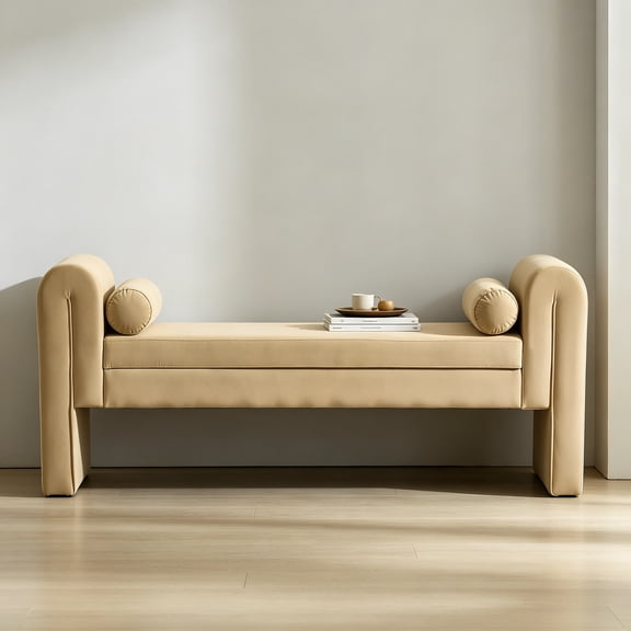 Velvet Bench for Bedroom End of Bed, 60.5-Inch Upholstered Button Tufted Ottoman Bench with Rolled Arms for Living Room, Entryway, Apricot