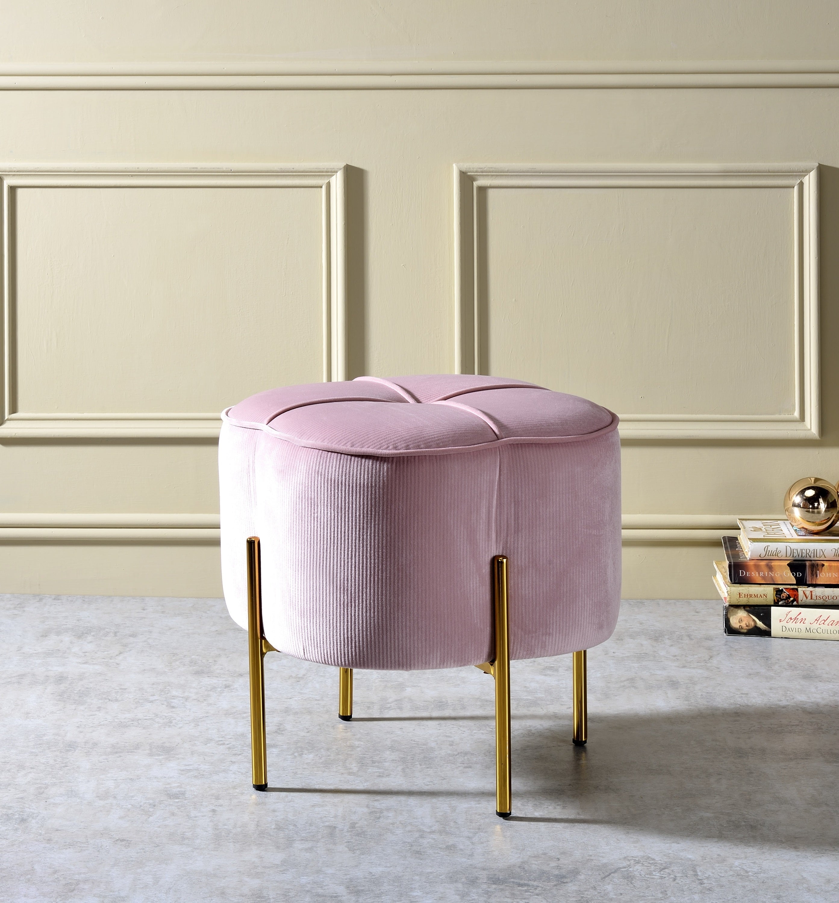19'' Blush Pink Velvet Round Ottoman with Gold Metal Legs