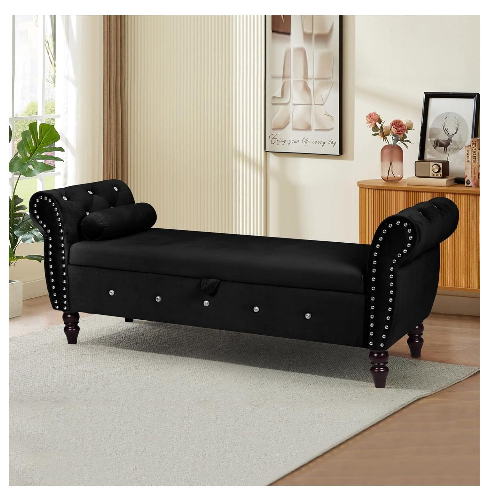 Velvet Black Storage Bench for End Bed,63.3" Rolled Arm Storage Benches ...