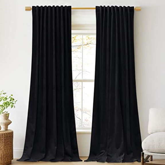 Velvet Blackout Curtains 96 inches - Black Thermal Insulated Light Blocking Drapes for Bedroom Windows/Sliding Door Back Tab Luxury Thick Backdrop Curtains W52 x L96 2 Panels