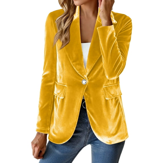 Velvet Blazer Women Casual Business Button Up Jacket Fall Winter Coats Notch Lapel Work Office Suit Jackets Blazer Yellow XL