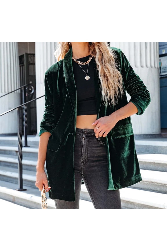 Velvet Blazer Women Long Cardigan Dressy Ruffle Open Front Lightweight Velvet Jacket with Pockets