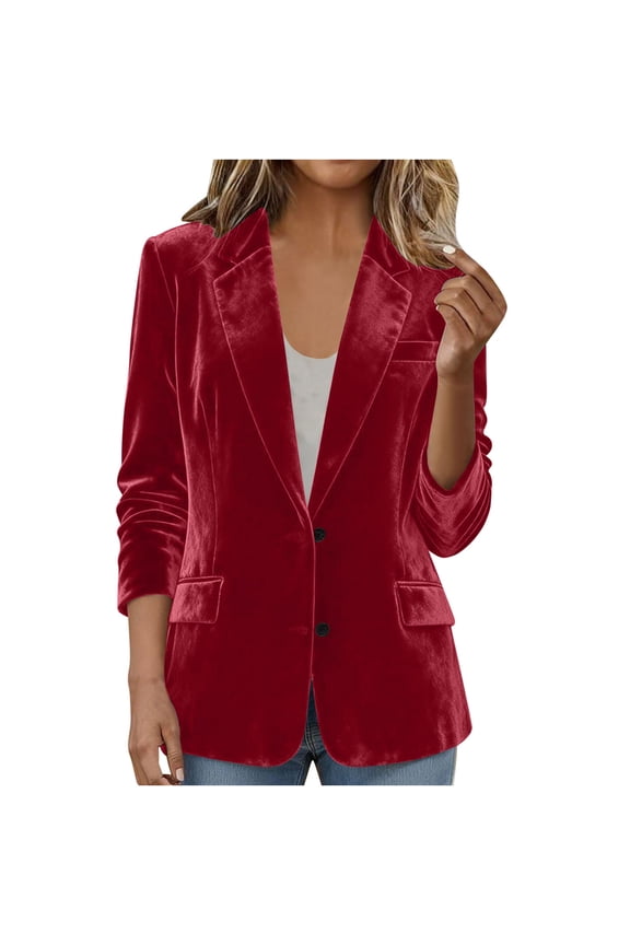 Velvet Blazers Jackets for Women 3/4 Sleeve Shawl Lapel Button Front Ruffle Tailored Cardigan Suit Dressy Cardigan Blazer Work Office Suits