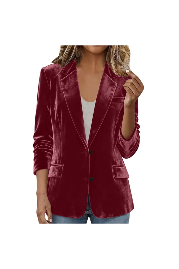 Velvet Blazers Jackets for Women 3/4 Sleeve Shawl Lapel Button Front Ruffle Tailored Cardigan Suit Dressy Cardigan Blazer Work Office Suits