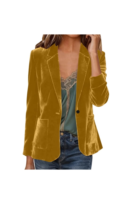 Velvet Blazers Jackets for Women 3/4 Sleeve Shawl Lapel Button Front Ruffle Tailored Cardigan Suit Dressy Cardigan Blazer Work Office Suits