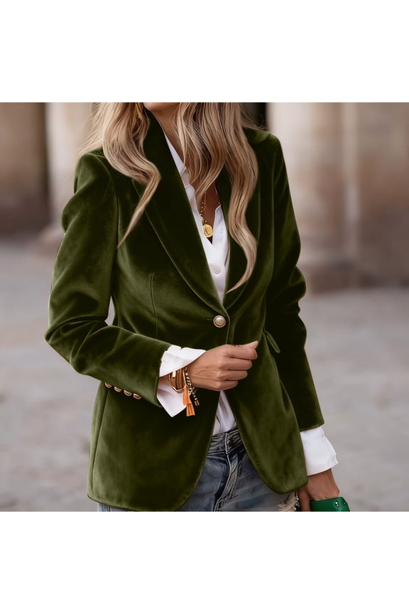 Velvet Blazers for Women Casual Oversized Open Front Long Sleeve Jackets Work Office Business Suit Blazer 2025 Army Green 2XL