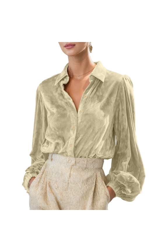 Velvet Blouse for Women Puff Cuffed Long Sleeve Solid Lapel Collar Button Down Cardigan Outerwear Shirt Beige S