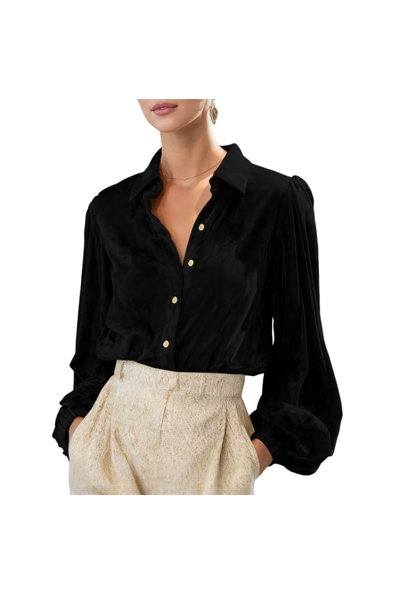Velvet Blouse for Women Puff Cuffed Long Sleeve Solid Lapel Collar Button Down Cardigan Outerwear Shirt Black S