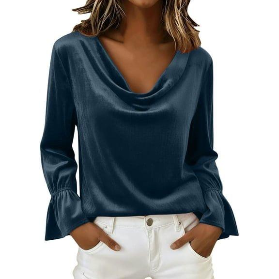 Velvet Blouses for Women, Cowl Neck Trendy Long Sleeve Shirts, Fall Casual Elegant Tops