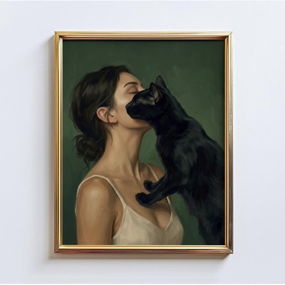 Velvet Bond Woman Black Cat Portrait Wall Art Home Decor