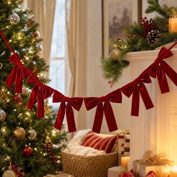 Velvet Bow Christmas Garland, Satin Bow String Hanging Decor for Party, Festive Bow Garland for Mantel Wall Tree Holiday Display