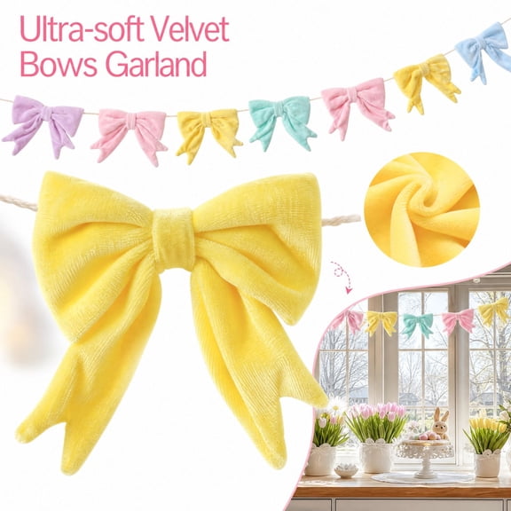 Velvet Bow Garland, 6.5 Ft Soft Fabric Bunting Banner, Colorful Bow String Decor for Birthday Party, Nursery & Wall Hanging Decoration