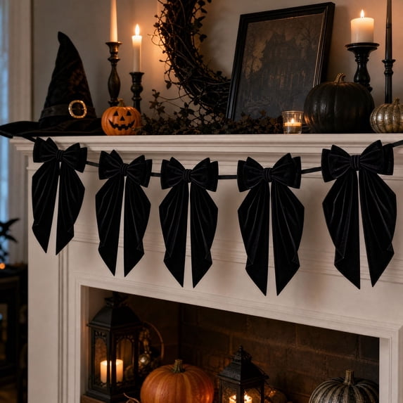 Velvet Bow Garland with 6 Pre Tied Bows, Christmas Hanging Decorations for Fireplace Mantel Staircase Wall Tree and Party Display, Reusable Holiday Home Decor with Adjustable Spacing