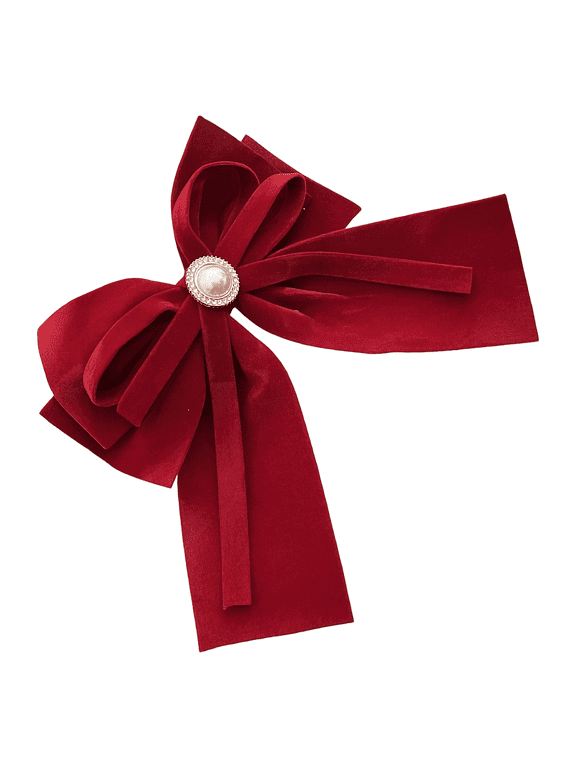 Velvet Bow Hair Clip, Wine Red Women's Hair Accessory With Pearl, Side Bang Barrette, Pre-tied Ribbon For Women
