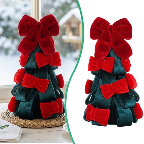 Velvet Bow Mini Christmas Tree, 8.27 Inch Small Tabletop Christmas Tree Decor, Red and Green Desktop Centerpiece for Bedroom Fireplace Home Holiday Party