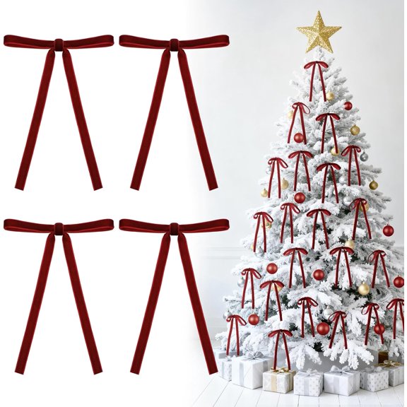 Velvet Bow Ornaments 24 Pack Burgundy, Soft Fabric Ribbon Accessories for Holiday Tree, Wreath Accent, Home Party Decor with Ties 5x7 Inch