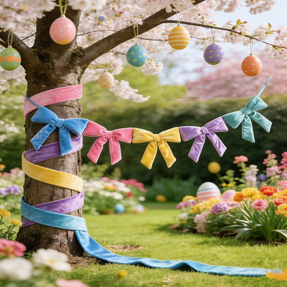 Velvet Bow String Garland Holiday Decor for Fireplace Mantel Wall Table and Party Backdrop(Multicolor)