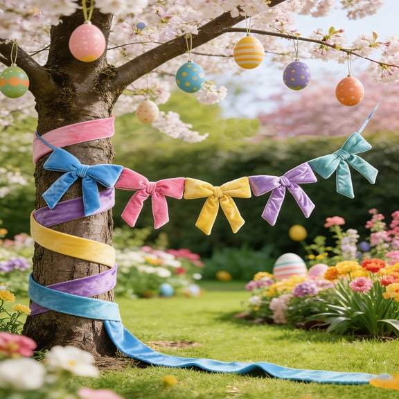 Velvet Bow String Garland Holiday Decor for Fireplace Mantel Wall Table and Party Backdrop(Multicolor)
