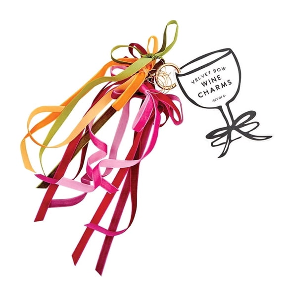 Velvet Bow Wine Charms, Markers for Wine Glasses, Set of 6 Charms, Moroccan R0994