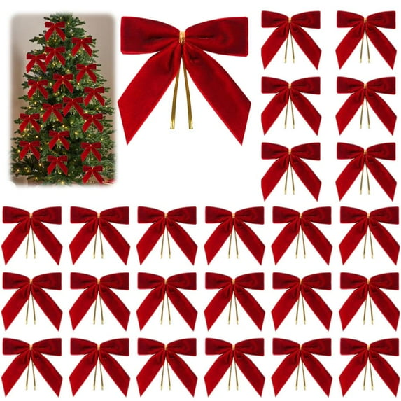 Velvet Bows for Christmas Tree, 24 Pcs Vintage Velvet Christmas Bows for Tree Decor, 3.5x3.5 Inch Rustic Red Bow for Wreaths, Garland, Fireplace Decor and Gift Wrapping
