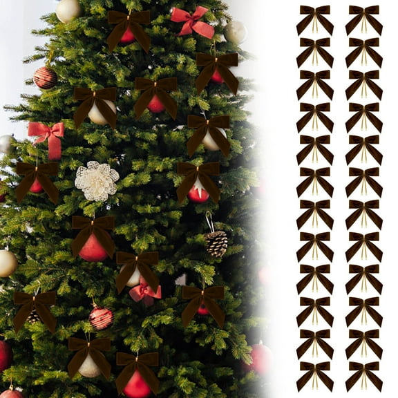 Velvet Bows For Christmas Tree,24PCS Coffee Small Velvet Christmas Bows for Christmas Tree, Twist Tie Bows for Xmas Tree, Wreath, Gift Wrapping, Candy Bags, Home Decor Party Decor