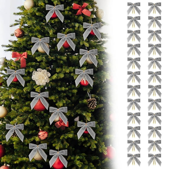 Velvet Bows For Christmas Tree,24PCS Gray Small Velvet Christmas Bows for Christmas Tree, Twist Tie Bows for Xmas Tree, Wreath, Gift Wrapping, Candy Bags, Home Decor Party Decor