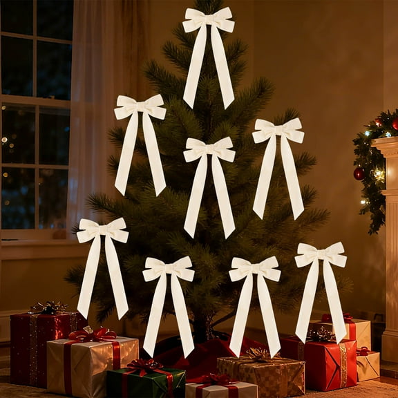 Velvet Bows for Christmas Tree, 2-Pack Red Bows with Twist Ties for Wreath Garland Decor, Vintage Holiday Decoration for Home Party（Beige）