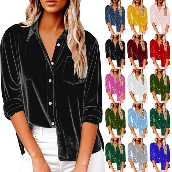 Velvet Button Down Shirts for Women Long Sleeve V Neck Collared Tops Dressy Retro Velour Blouses with Pocket Wine M