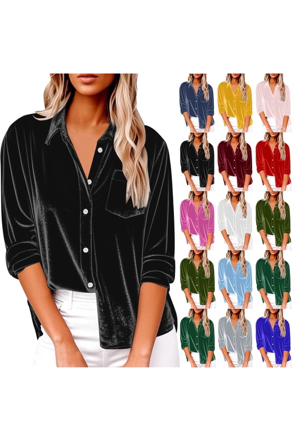 Velvet Button Down Shirts for Women Long Sleeve V Neck Collared Tops Dressy Retro Velour Blouses with Pocket Wine M