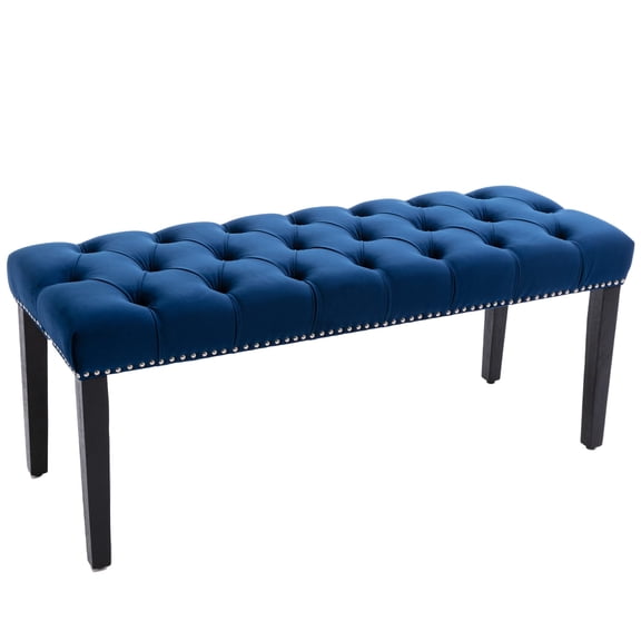 Velvet Upholstered Ottoman Bench, Button Tufted Bedroom Bench with Solid Wood Frame, Footrest Stool for Living Room Dining Room, Blue