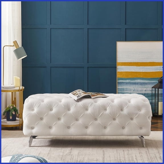 Velvet Button-Tufted Ottoman Bench - Sturdy Chrome Legs Accent Stool for Entryway Living Room Bedroom