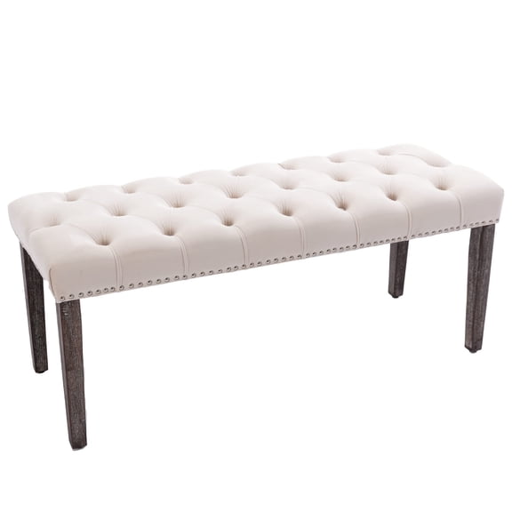 Velvet Button-Tufted Ottoman Bench with Solid Wood Legs, Upholstered Dining Bench and End of Bed Bench for Living Room & Bedroom, Beige