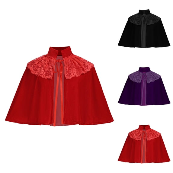 Velvet Cape Short Lace Shawl Cloak for Women, Ren Fairy Witch Vampire Bride Cosplay for Wedding Party