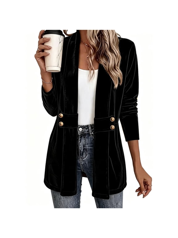 Velvet Cardigan for Women Elegant Open Front 3/4 Sleeve Long Coat with Double Button Detail Fall Winter Trendy Casual Outerwear