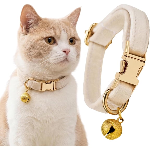 Velvet Cat Collar with Bell, Adjustable Luxury Kitten Collar, Non-Breakaway Secure ID Collar for Cats and Kittens, Soft Plush Fabric(White)