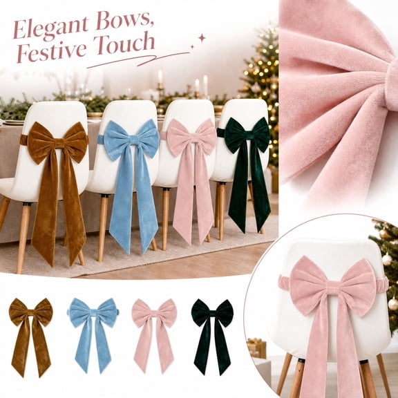 Velvet Chair Bows Decorations, Reusable Decorative Ribbon Bow With Elastic Band For Christmas Wedding Dinner Party Chair Back Decoration, 11.8x29.5 inches