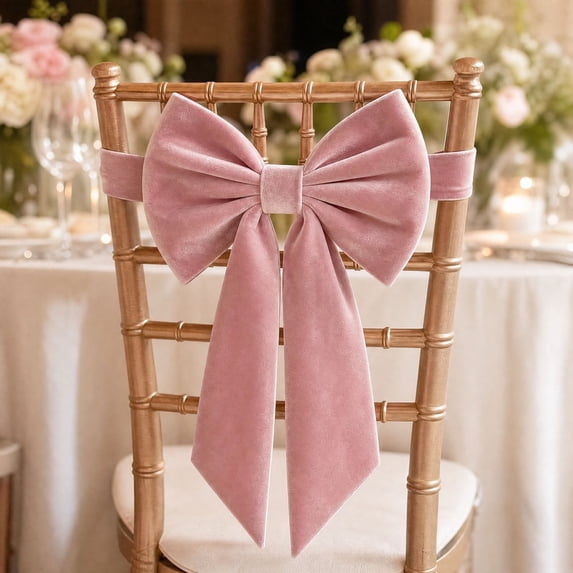Velvet Chair Bows Decorations, Reusable Decorative Ribbon Bow With Elastic Band For Christmas Wedding Dinner Party Chair Back Decoration, 11.8x29.5 inches